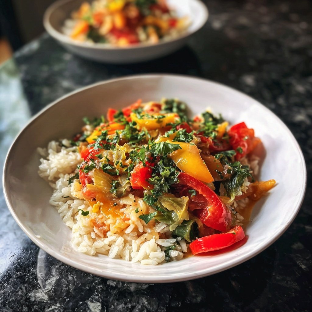 Mittagessen mit Gemüsepfanne und Reis